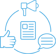 Icon communication circle - written page in middle with megaphone, speech box and thumbs up encircling it.